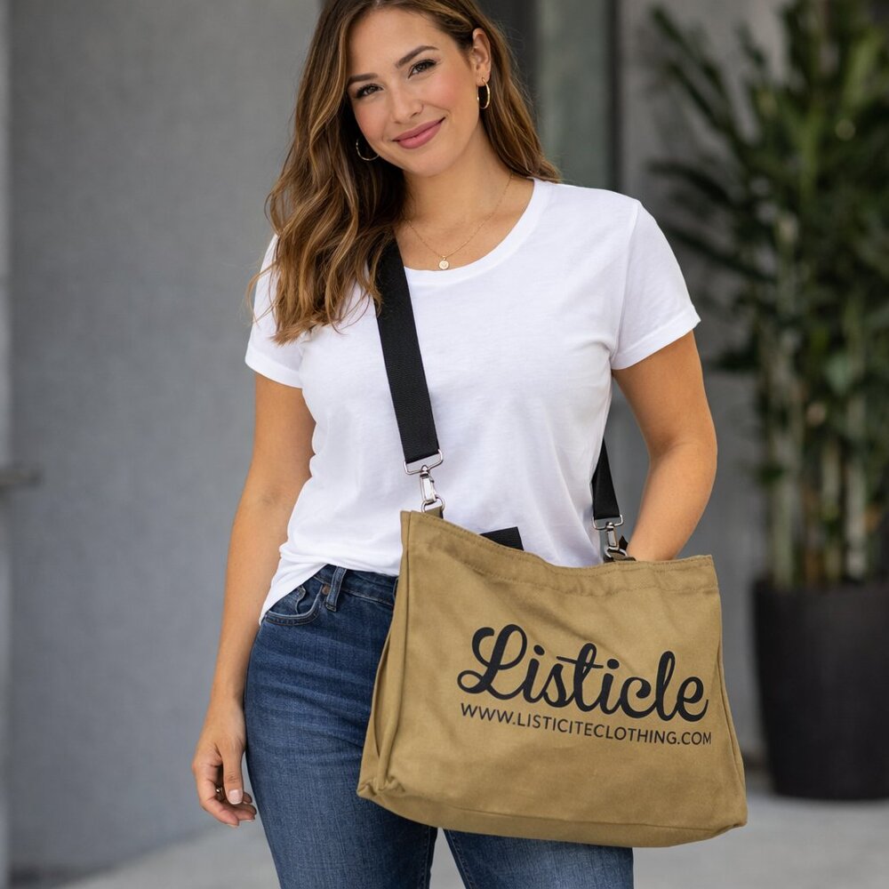 Listicle Canvas Crossbody Tote Bag Tan Adjustable Strap